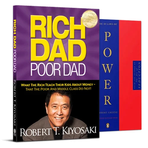 Books titled "Rich Dad Poor Dad" by Robert T. Kiyosaki with a purple cover featuring a man's photo, and "The 48 Laws of Power" by Robert Greene with a red and blue cover.