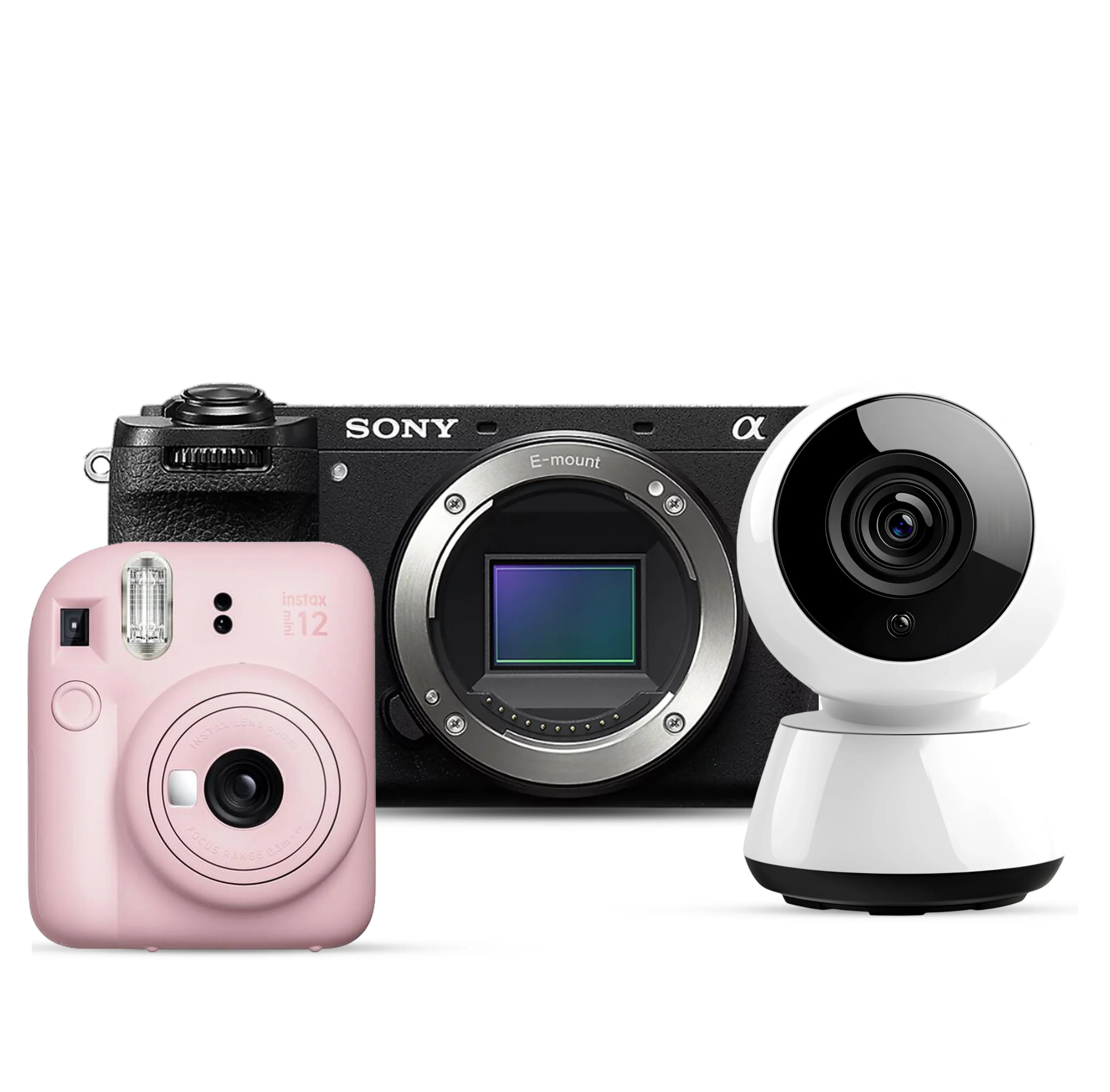 A compact black Sony camera with a visible sensor is flanked by a pink Instax Mini camera on the left and a sleek white security camera on the right.
