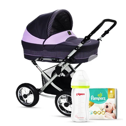 Purple and black baby stroller with polka dots, a clear baby bottle, and Pampers diapers pack, conveying a theme of baby care essentials.