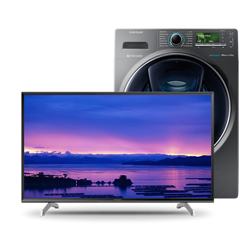 A collage of popular electronics on a white background, featuring a smartwatch, tablets, laptops, TVs, speakers, headphones, a camera, and a vacuum cleaner.