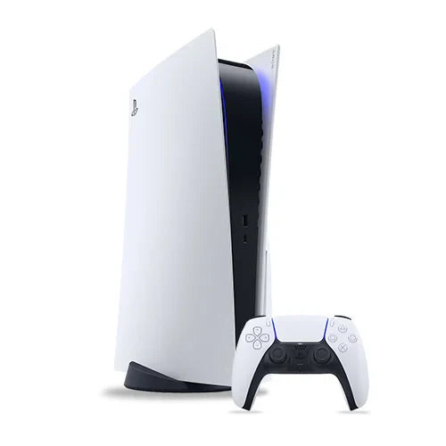 Sleek white gaming console with a vertical design, accompanied by a matching wireless controller. The console features blue LED lights, conveying a modern and futuristic feel.