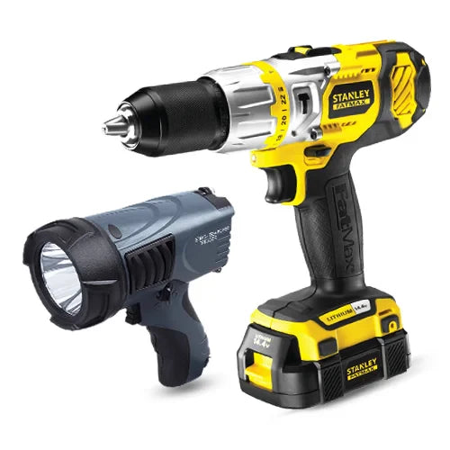 A yellow and black cordless drill beside a grey handheld flashlight, both with ergonomic designs, showcasing durable construction.