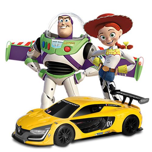Buzz Lightyear and Jessie from Toy Story stand smiling behind a sleek yellow race car with the number 01, conveying excitement and fun.