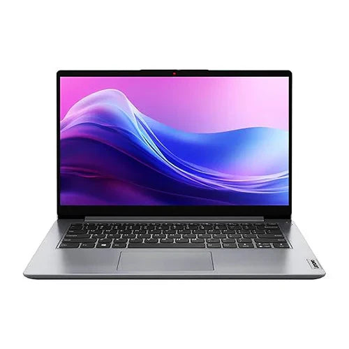A sleek silver laptop with a vibrant pink and blue wavy background on the screen. The design is modern and minimalistic, creating a sense of innovation.