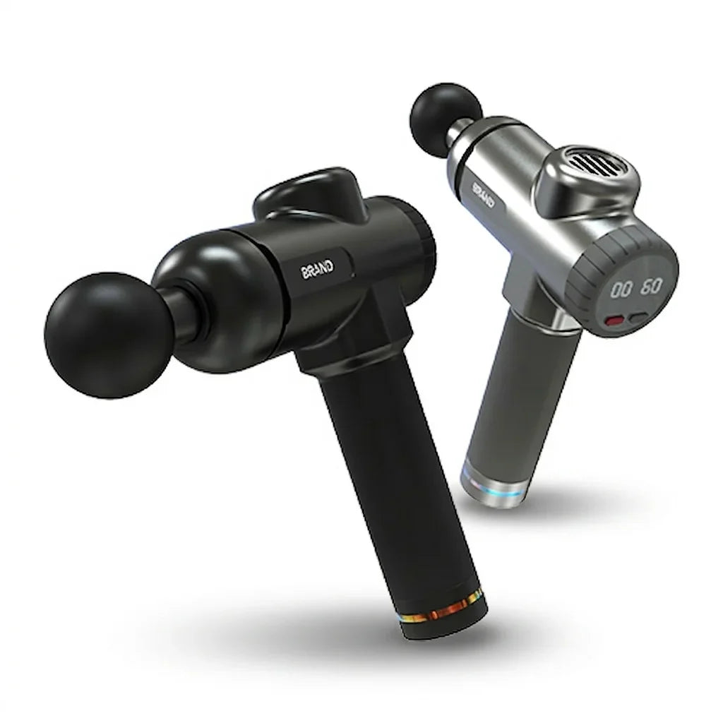 Two handheld massage guns are displayed against a white background. One is black with a rounded head, the other silver with digital controls visible.