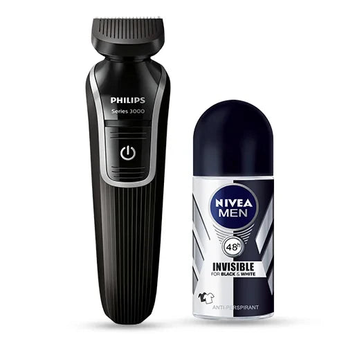 A Philips Series 3000 black electric trimmer is shown next to a Nivea Men 48-hour antiperspirant in a dark blue and white bottle. Modern and sleek design.