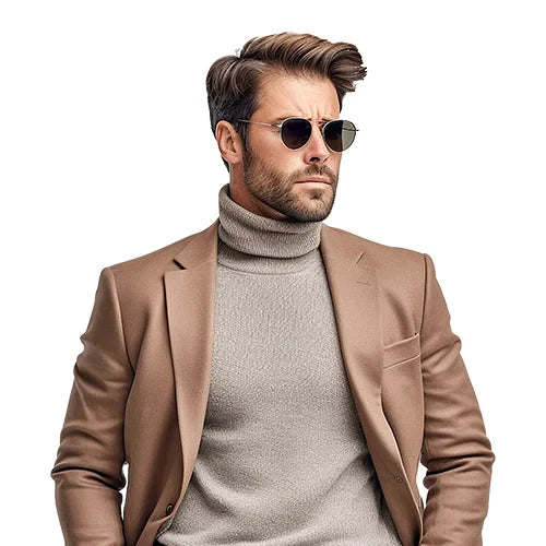A man in a camel blazer with a gray turtleneck, wearing sunglasses. He has short hair and a beard, exuding a confident, stylish demeanor.