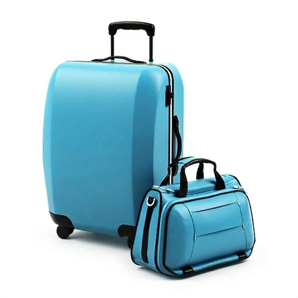 A large, upright blue suitcase with wheels and a handle stands next to a smaller matching travel bag with black handles, on a white background.