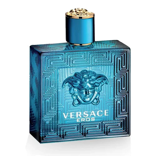 Blue glass perfume bottle with an ornate gold cap, featuring the Medusa logo and "Versace Eros" text. The design has an elegant and luxurious feel.