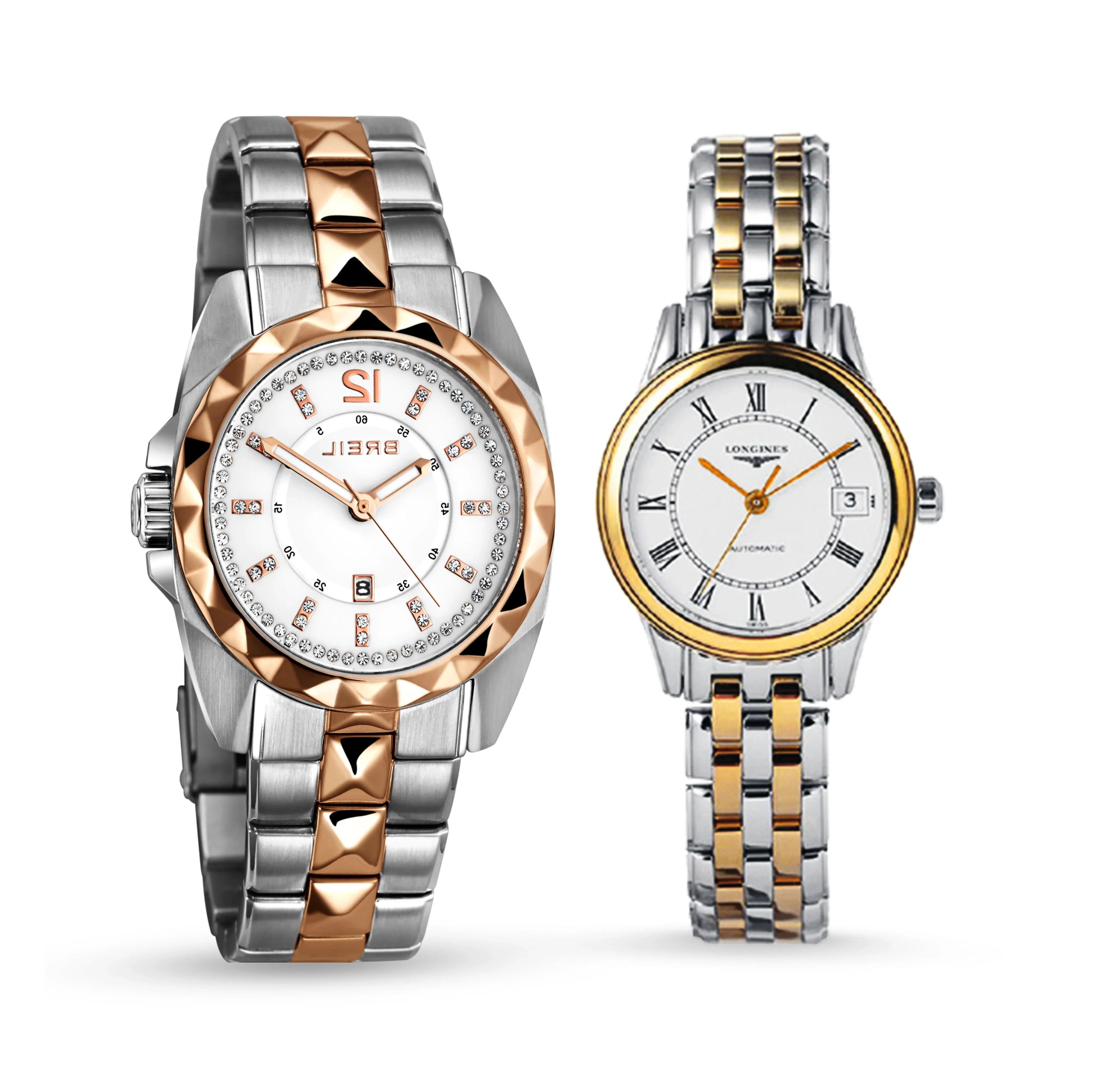 Two elegant watches side by side. Left: Silver and rose gold with diamond accents. Right: Silver and gold with Roman numerals, classic style.