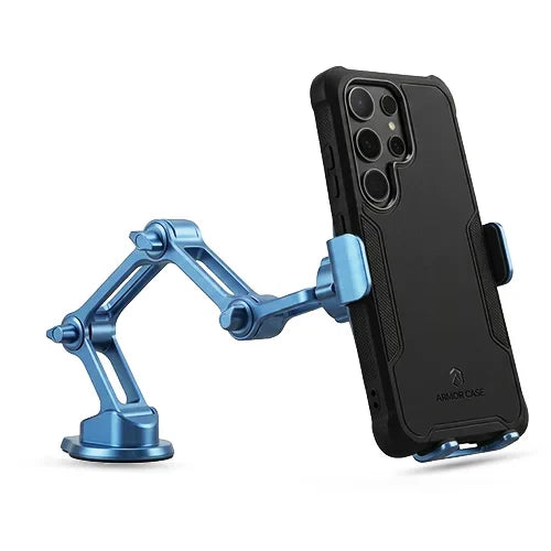 A black smartphone in a rugged case is held by a blue, adjustable, robotic arm stand. The stand has multiple joints, offering flexible positioning.