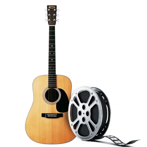 Acoustic guitar and film reel on white background. The wooden guitar with black pickguard stands upright, symbolizing music and cinema themes.