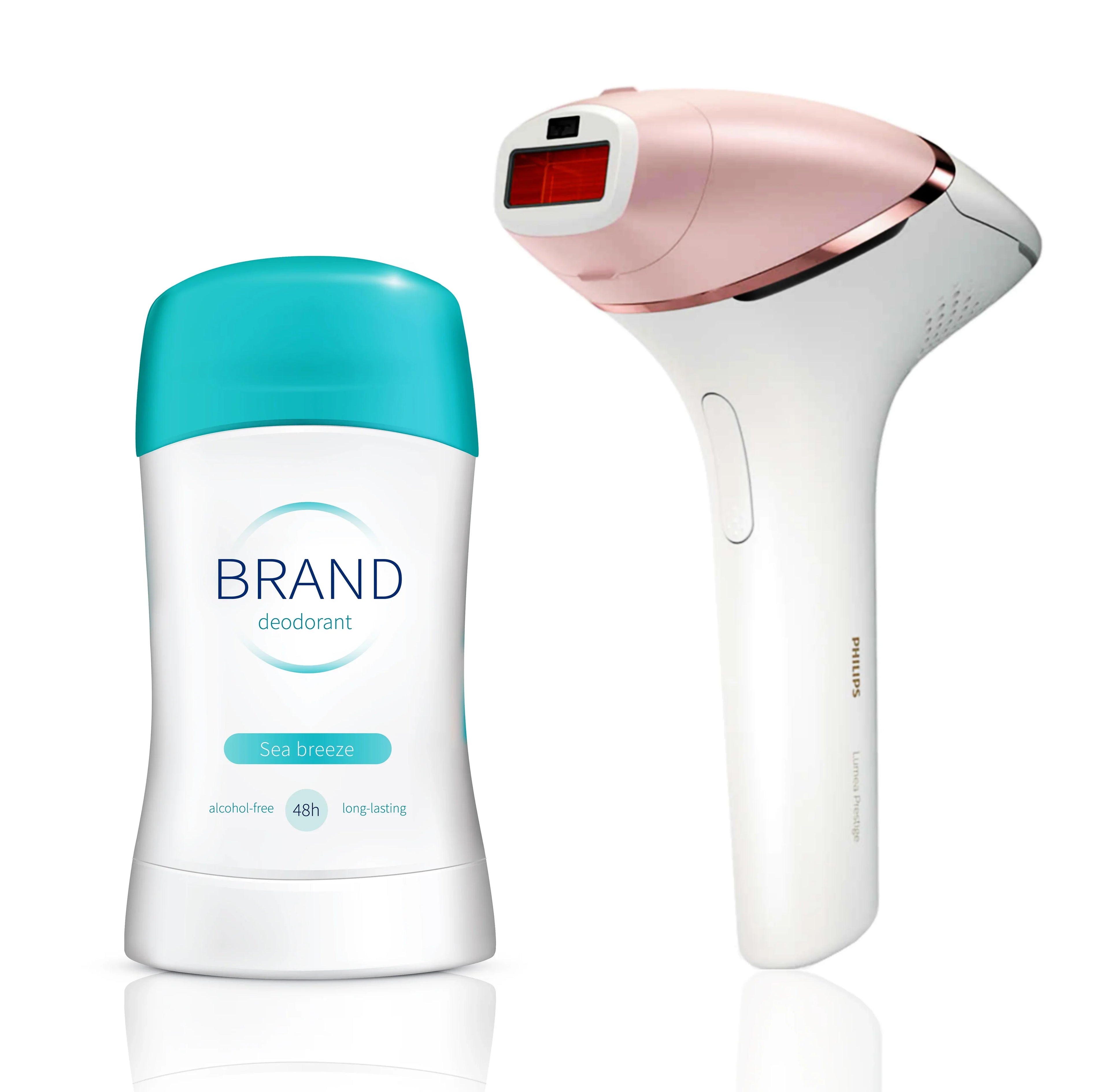 A white deodorant stick with a turquoise cap labeled “Sea breeze” sits beside a white and pink handheld device, suggesting personal care.