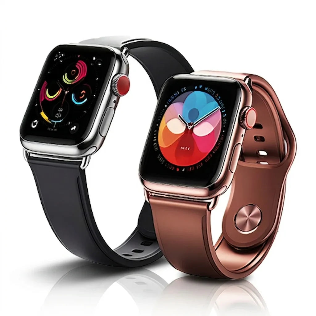 Two modern smartwatches with colorful displays are shown. One has a black band, silver casing, and circular design; the other has a bronze band and casing. Both convey a sleek, tech-savvy feel.
