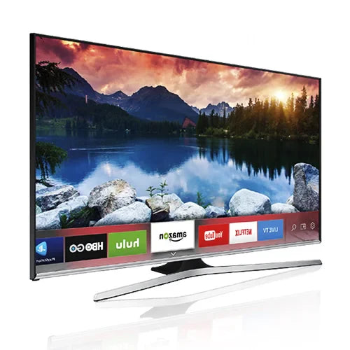 Modern flat-screen TV displaying a scenic mountain lake at sunset. Streaming apps like Netflix and Amazon are visible on the bottom menu.