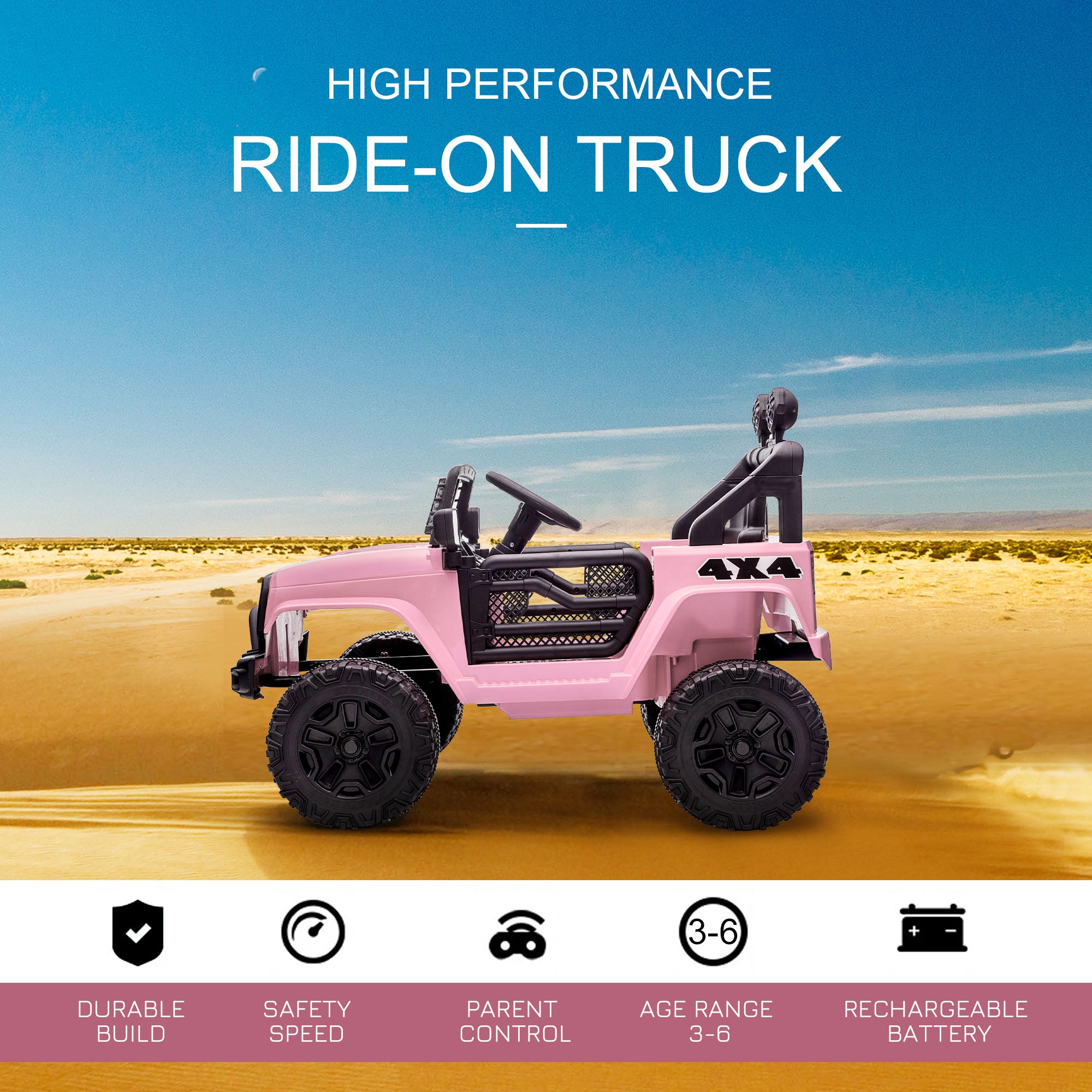 Electric off-road truck for kids by Nova Mart, 12V ride-on with remote control, MP3 music, and adjustable speed in rugged off-road style.