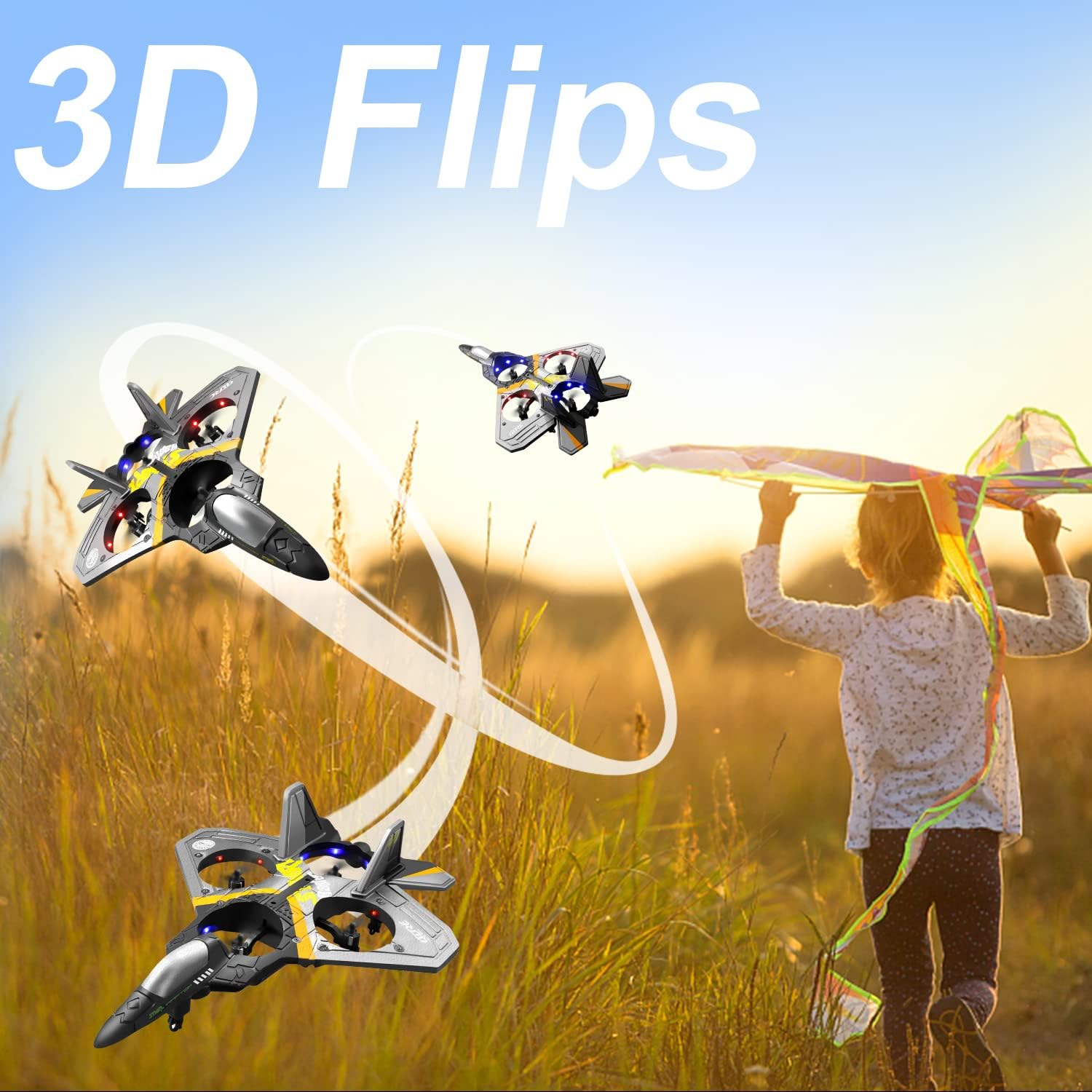 Nova Mart V17 remote control plane with spinning drone, foam construction, cool lights, suitable for kids and adults, 2.4GHz RC airplane