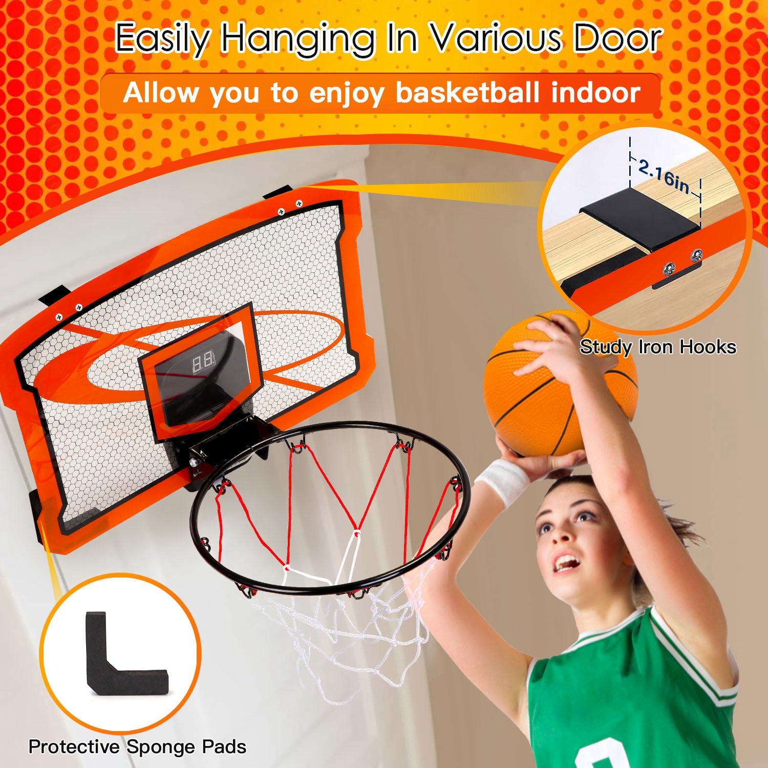 Mini basketball hoop set by Nova Mart with over-door design, four inflatable balls, electric scorer, and foldable basket for kids and adults.