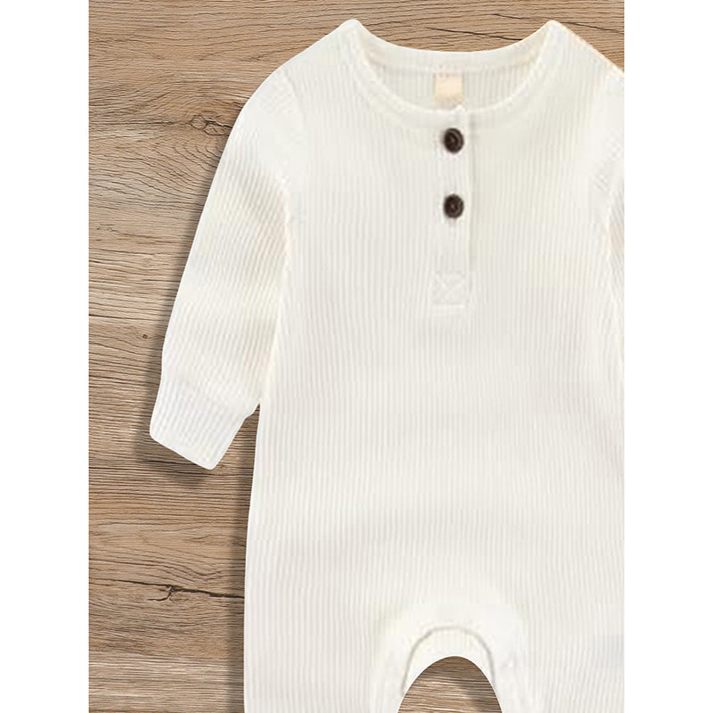 Three newborn baby rompers by Nova Mart, long sleeve ribbed jumpsuits with soft fabric and button front for boys and girls.