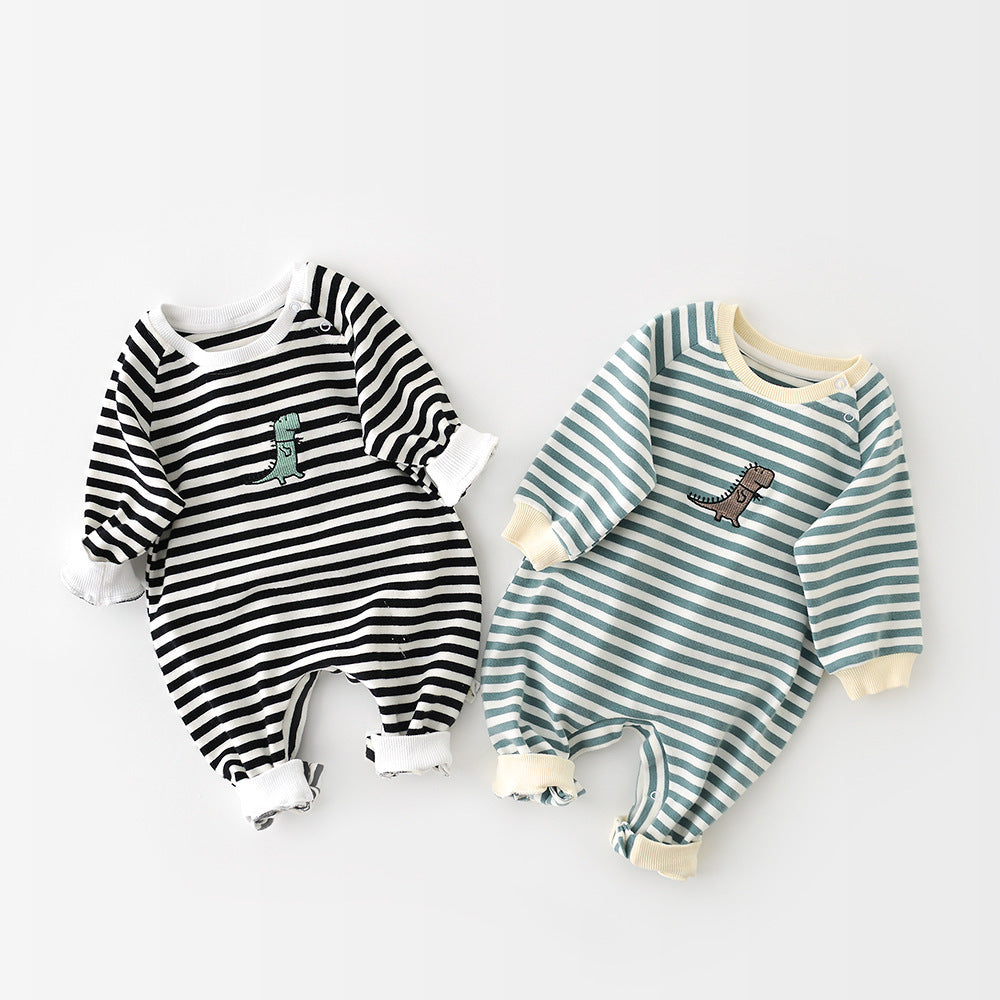 Infant dinosaur-striped jumpsuit with long sleeves, featuring colorful dinosaur patterns, from Nova Mart for babies.