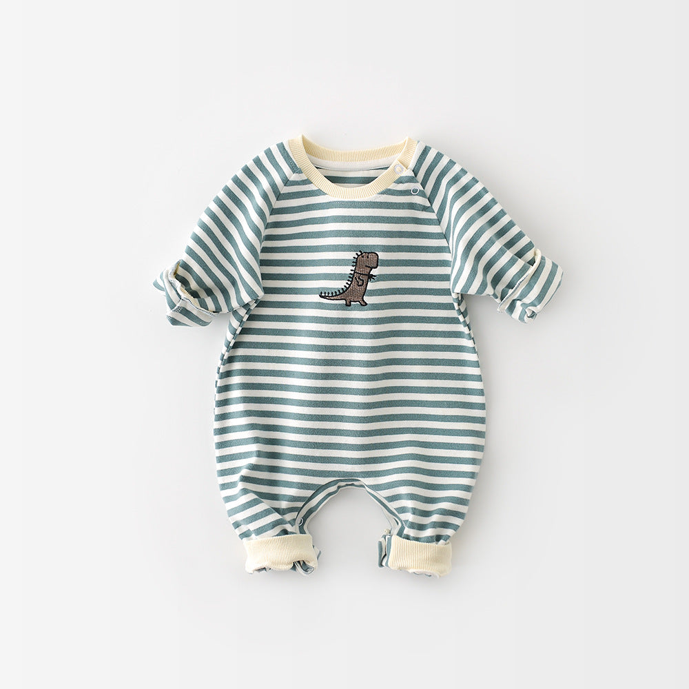 Baby wearing a dinosaur striped long-sleeve jumpsuit by Nova Mart, infant toddler romper with colorful dinosaur pattern.