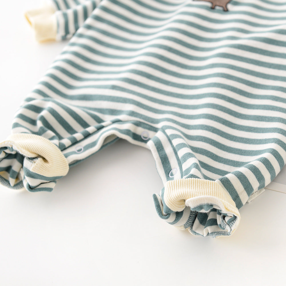 Baby infant jumpsuit by Nova Mart featuring dinosaur and striped pattern, long-sleeve design, soft fabric, and cozy fit.