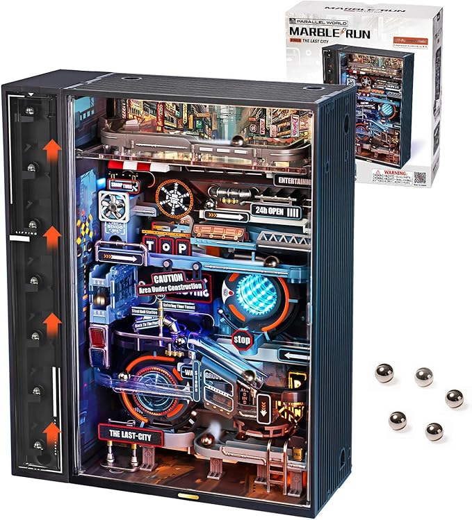 Robotime 3D puzzle model kit of Last City with marble run and LED glow in the dark features, by Nova Mart.