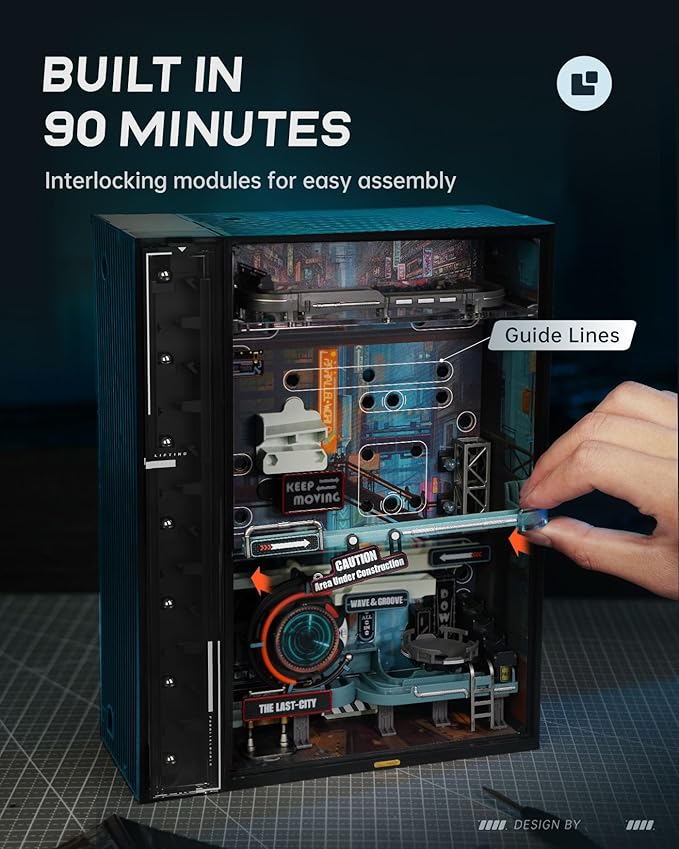 ROBOTIME 3D puzzle model kit of Last City with marble run and LED glow in the dark features, by Nova Mart.