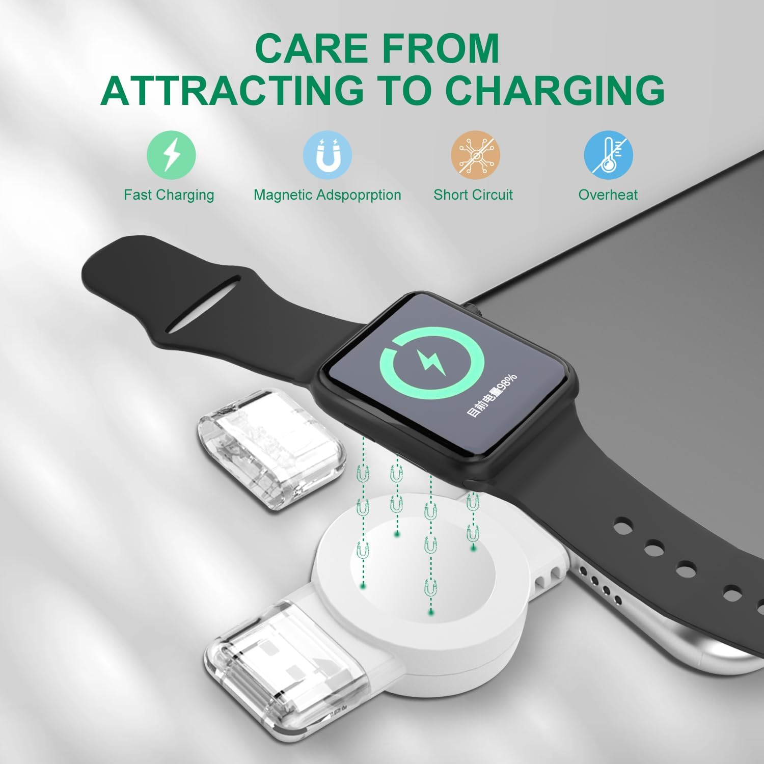 Portable magnetic wireless charger for Nova Mart smart watch, designed for convenient travel use.