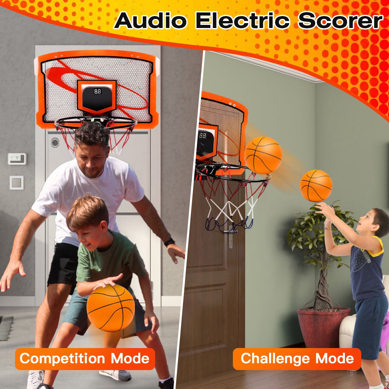 Mini basketball hoop set by Nova Mart with over-door design, four inflatable balls, electric scorer, and foldable basket for kids and adults.
