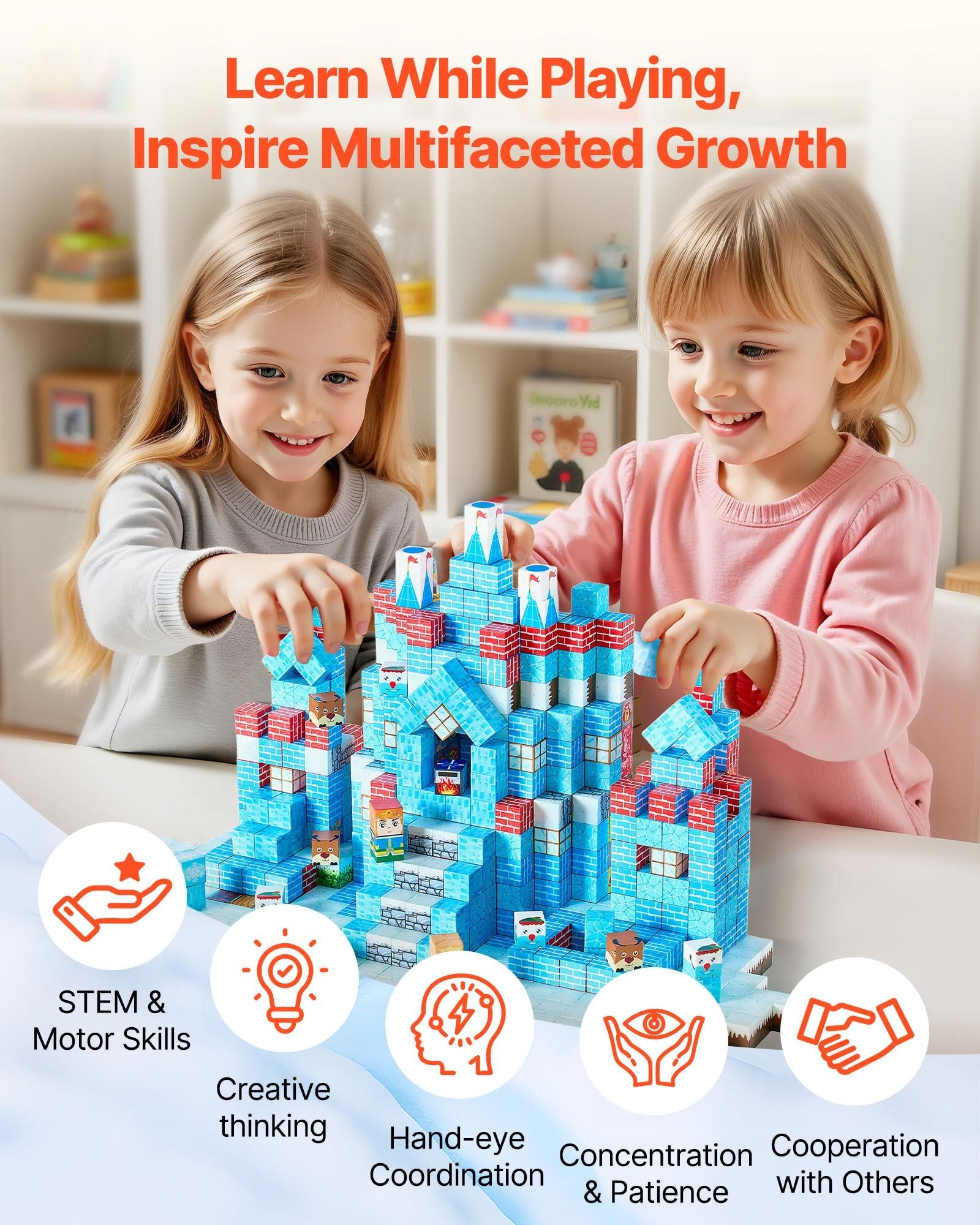 Magnetic Blocks 150 PCS Glacier Castle Set by Nova Mart, colorful STEM Montessori sensory toys with magnetic building pieces.