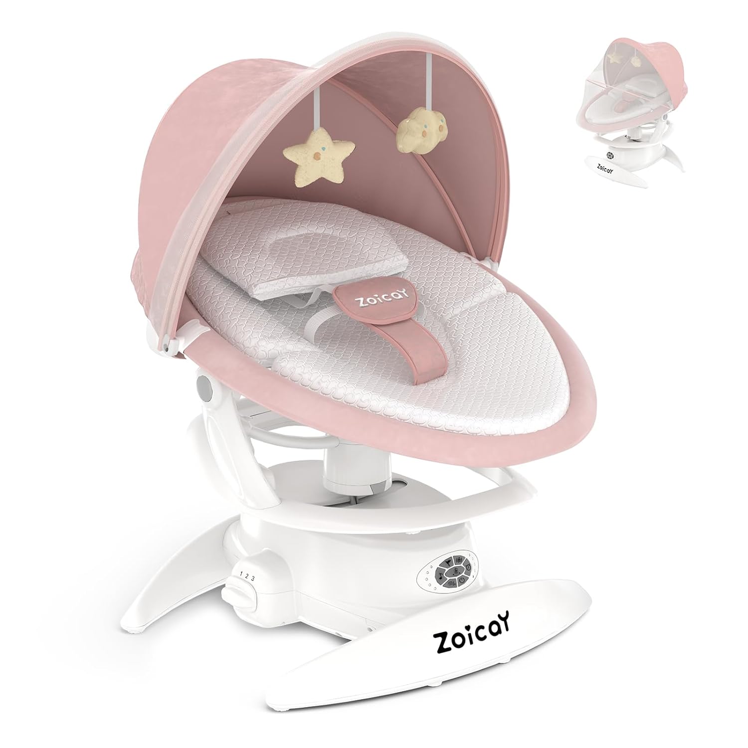 Electric baby swing by Nova Mart with motion detection, 3 swing modes, 12 lullabies, and 5 speed settings for infants.