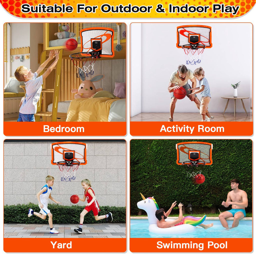 Mini basketball hoop set by Nova Mart with over-door mount, four inflatable balls, electric scorer, and foldable design for kids and adults.