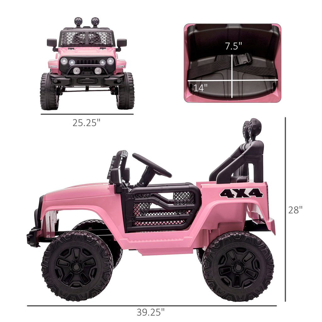 Electric off-road truck for kids by Nova Mart, 12V ride-on with remote control, MP3 music, and adjustable speed in rugged design.