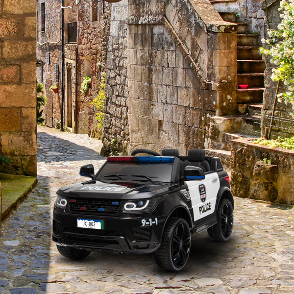 Nova Mart police car remote control toy with dual drive, 12V 7AH battery, and microphone, shown with remote in the image.