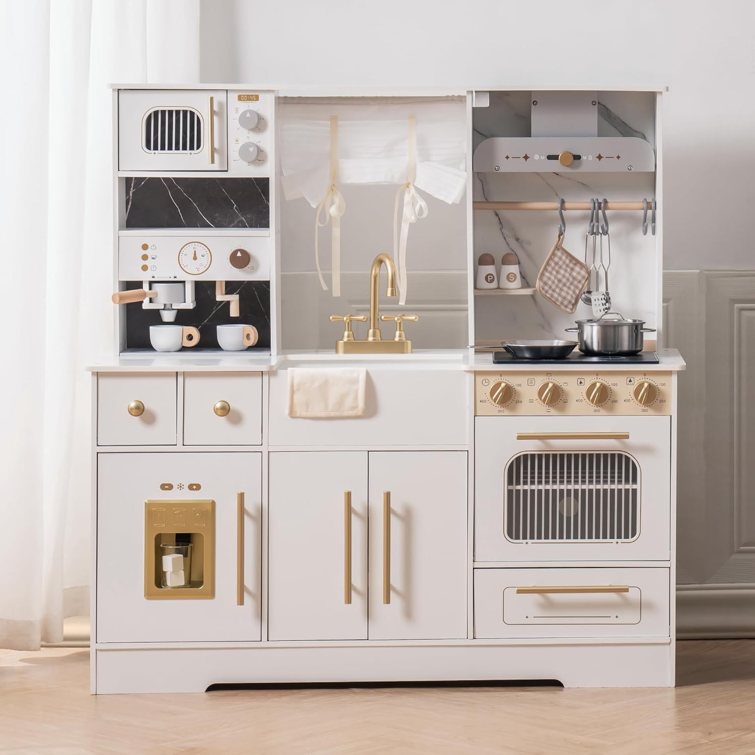 Wooden kitchen cooking toy set by Nova Market featuring pretend play utensils and appliances for kids' imaginative play.