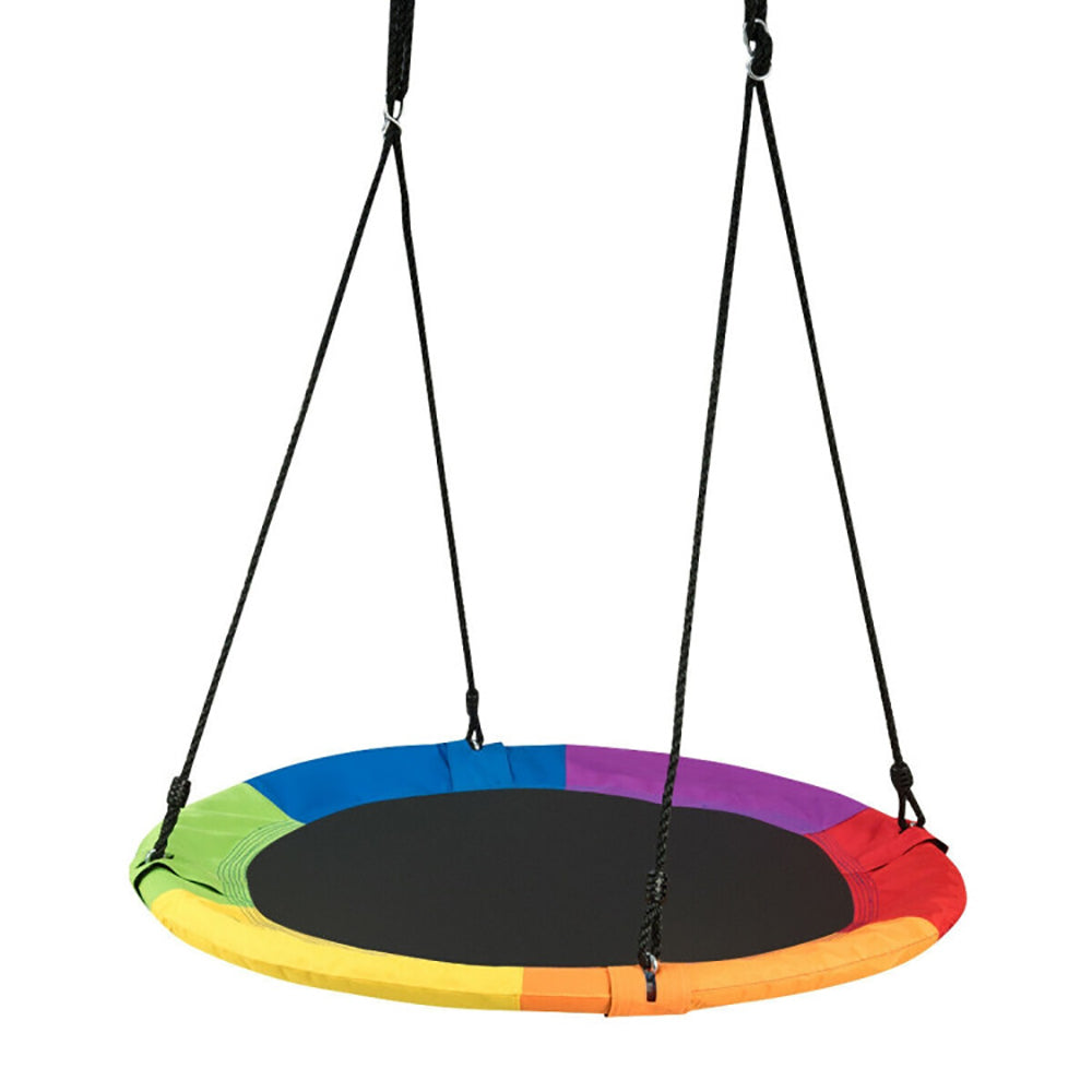 Image of a 40-inch Flying Saucer Tree Swing for kids, designed for outdoor play, hanging from a tree in a backyard setting.