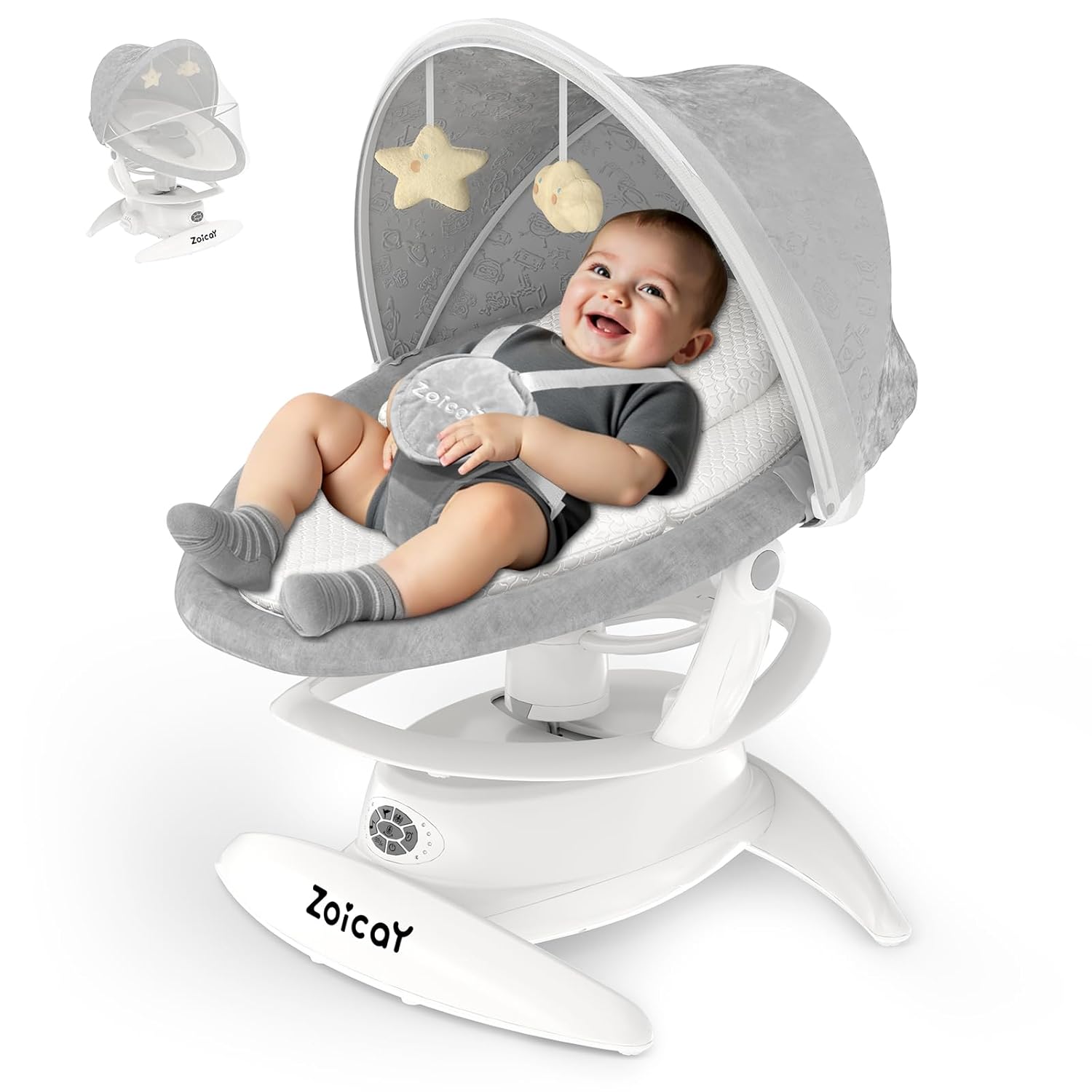 Electric baby swing by Nova Mart with motion detection, 3 swing modes, 12 lullabies, and 5-speed settings for infants.