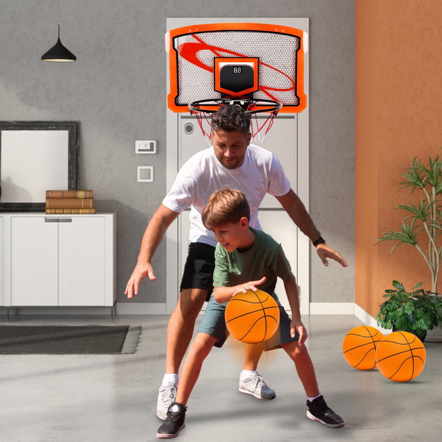 Mini basketball hoop set by Nova Mart with over-door mount, four inflatable balls, electric scorer, and foldable basket for kids and adults.