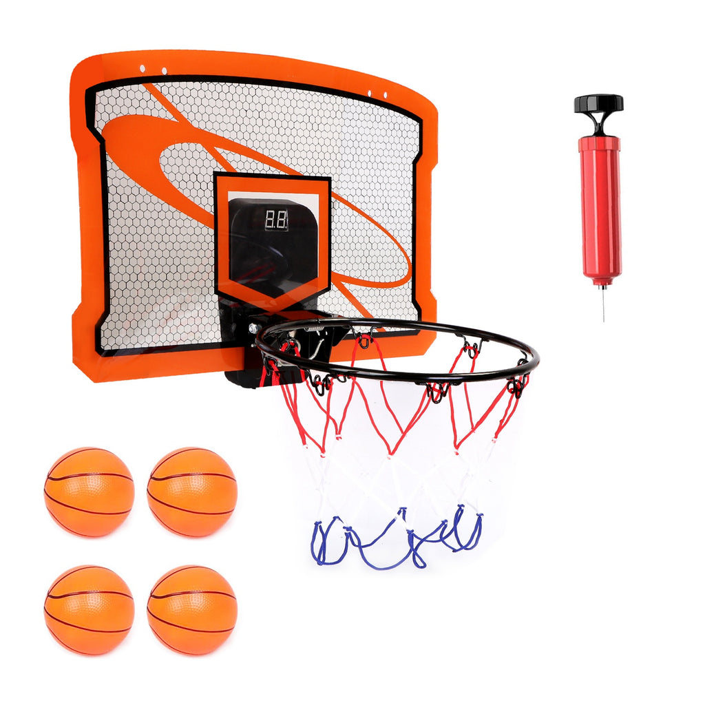 Mini basketball hoop set by Nova Mart with over door mount, foldable basket, inflatable balls, electric scorer, ideal for kids and adults.