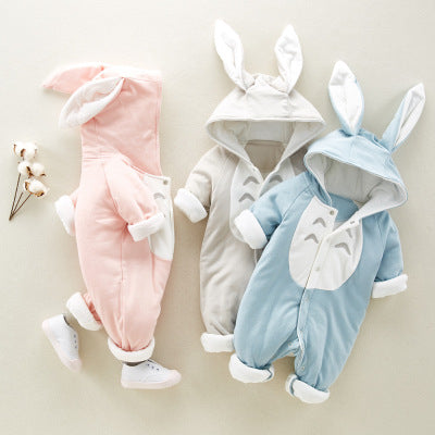Baby boy wearing Nova Mart cozy cotton padded romper, newborn winter suit with hood, front zipper, and soft insulation.