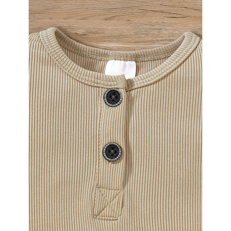 Three newborn baby rompers in pastel colors, long sleeve ribbed fabric with button front, for boys and girls, by Nova Mart.