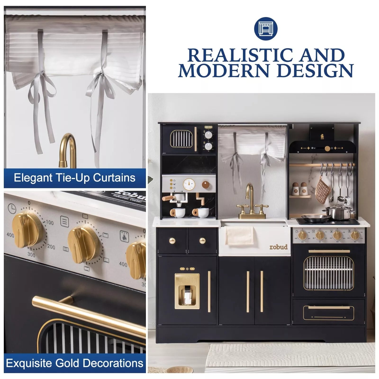 Nova Market Robotime Robud pretend play wooden kitchen cooking toy set with realistic utensils and accessories for kids' imaginative play.