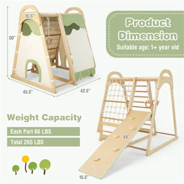 Wooden kids jungle gym playset with climbing ladder, slide, and swings, designed for active play and outdoor fun.