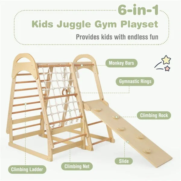 Wooden kids jungle gym playset with slides, swings, and climbing elements from Nova Mart, designed for active outdoor play.