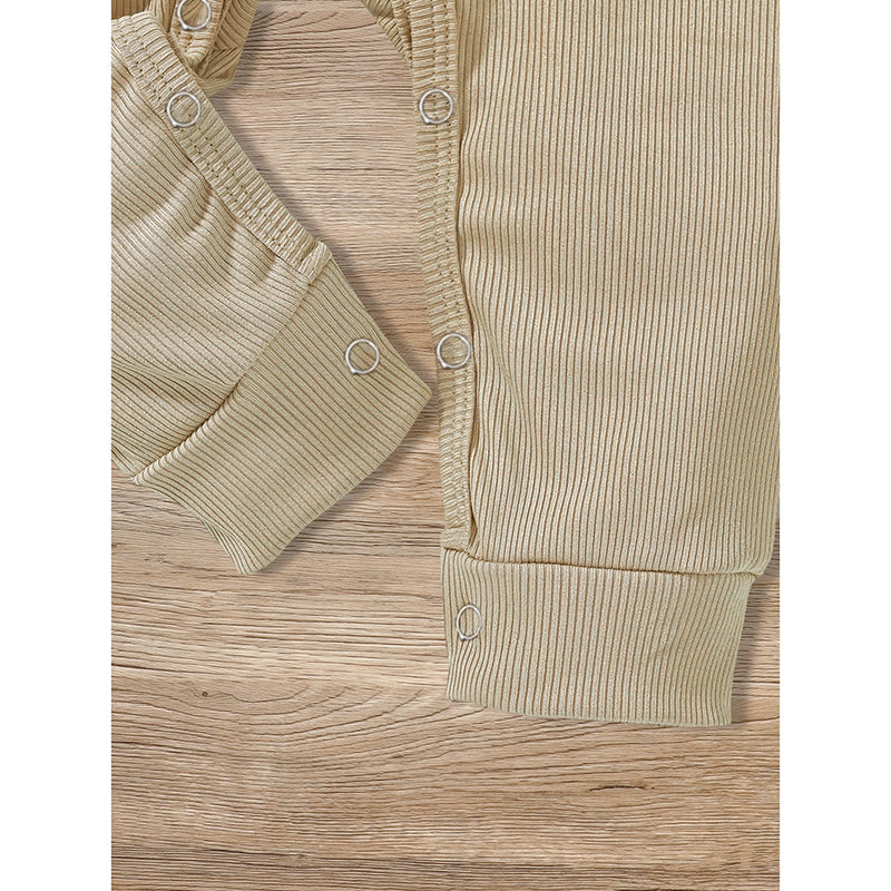 Three newborn baby boy and girl long sleeve ribbed jumpsuits with soft fabric, button front, in a 3-pack by Nova Mart.