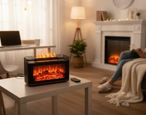 Modern living room with a small electric fireplace on a table, a person sitting by a fireplace, and a laptop on a desk.