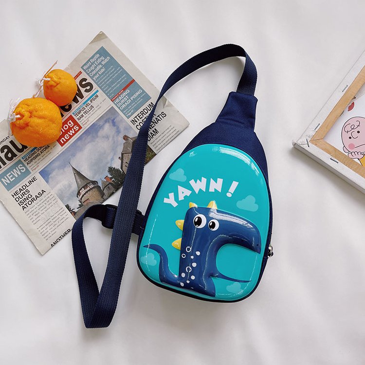 Blue children's cartoon 3D shell chest bag with dinosaur design and YAWN text, perfect for kids by Nova Mart.