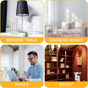 Four different scenes labeled 'Bedside Table', 'Drawing Room', 'Office', and 'Study' with corresponding images.