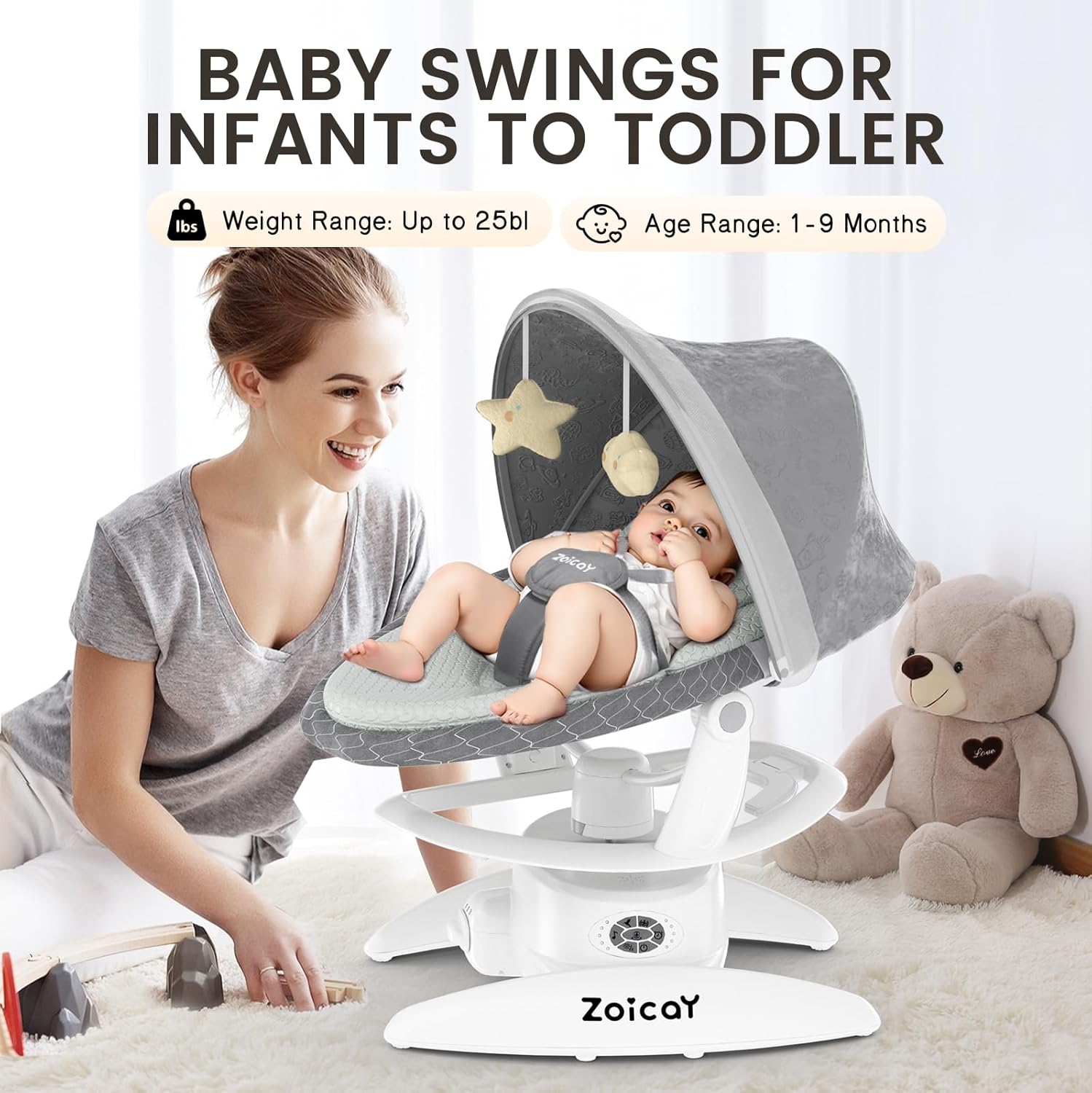 Nova Mart baby swing for infants with motion detection, showcasing the electric swing with 3 swing modes, 12 lullabies, and adjustable speeds.
